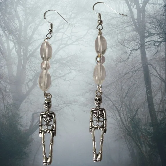Hand Crafted Skeleton Earrings Glow Beads Long Duster Halloween Pierced - Picture 6 of 6